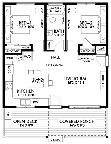 Bungalow, Farmhouse House Plan 42924 with 2 Beds, 1 Baths First Level Plan