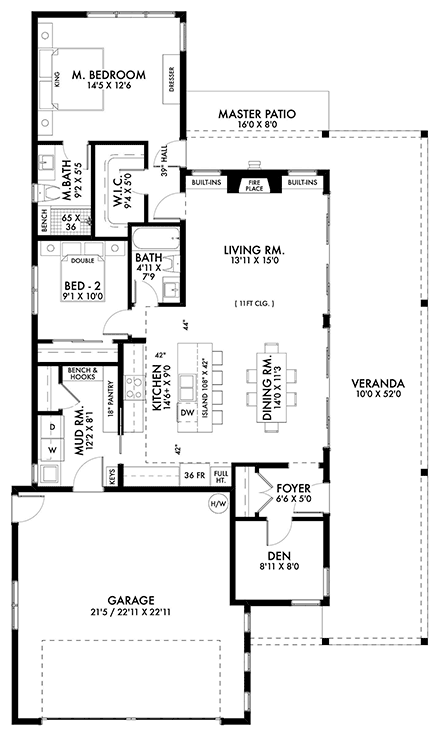 Barndominium, Country, Farmhouse House Plan 42939 with 2 Beds, 2 Baths, 2 Car Garage First Level Plan