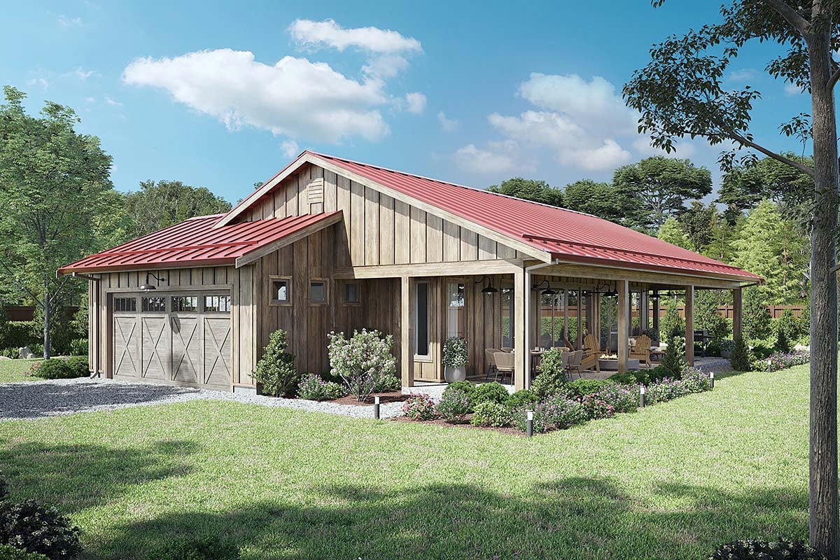 Barndominium, Country, Farmhouse Plan with 1339 Sq. Ft., 2 Bedrooms, 2 Bathrooms, 2 Car Garage Elevation