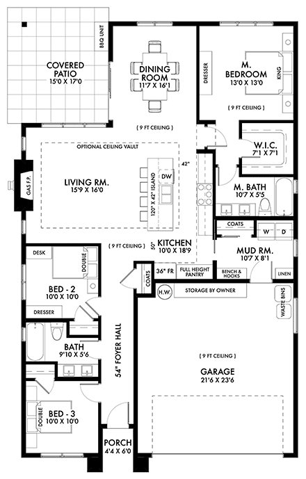Contemporary, Prairie, Ranch House Plan 42943 with 3 Beds, 2 Baths, 2 Car Garage First Level Plan
