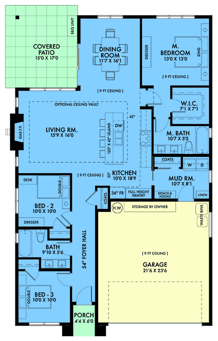 Contemporary, Prairie, Ranch House Plan 42943 with 3 Beds, 2 Baths, 2 Car Garage First Level Plan