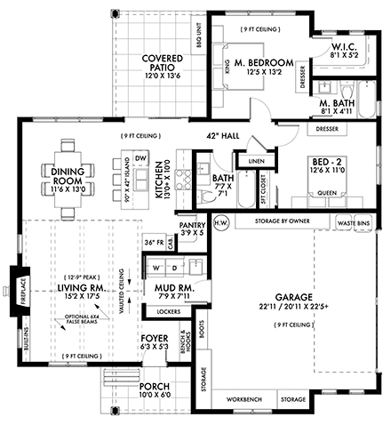 Country, Craftsman, Farmhouse, Ranch House Plan 42944 with 2 Beds, 2 Baths, 2 Car Garage First Level Plan