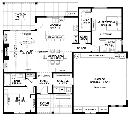 Cottage, Country, Craftsman, Farmhouse, Ranch, Traditional House Plan 42946 with 2 Beds, 2 Baths, 2 Car Garage First Level Plan