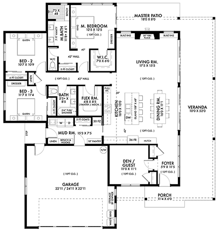 Barndominium, Country, Farmhouse House Plan 42951 with 4 Beds, 2 Baths, 2 Car Garage First Level Plan
