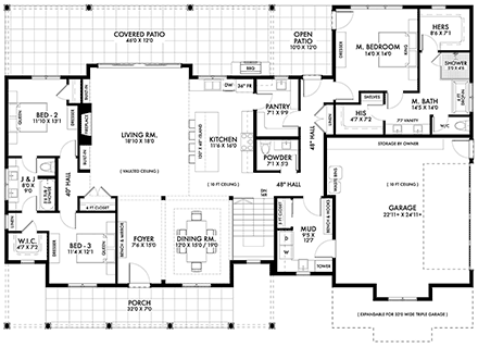 Country, Farmhouse, Ranch, Traditional House Plan 42953 with 3 Beds, 3 Baths, 2 Car Garage First Level Plan