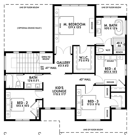 Cottage, Country, Farmhouse, Traditional House Plan 42955 with 6 Beds, 3 Baths, 2 Car Garage Second Level Plan