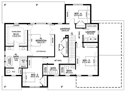 Country, Farmhouse House Plan 42957 with 5 Beds, 4 Baths, 2 Car Garage Second Level Plan