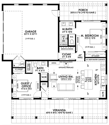 Cottage, Country, Farmhouse, Southern House Plan 42961 with 2 Beds, 2 Baths, 2 Car Garage First Level Plan