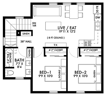 Contemporary Garage-Living Plan 42962 with 2 Beds, 1 Baths, 2 Car Garage Second Level Plan