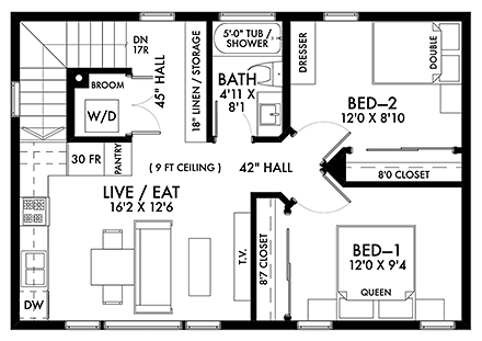 Contemporary, Modern Garage-Living Plan 42963 with 2 Beds, 1 Baths, 2 Car Garage Second Level Plan