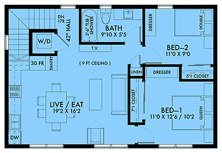 Contemporary, Modern Garage-Living Plan 42964 with 2 Beds, 1 Baths, 2 Car Garage Second Level Plan
