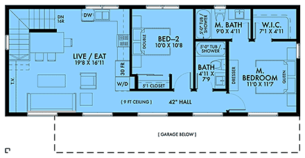 Contemporary, Modern Garage-Living Plan 42965 with 2 Beds, 2 Baths, 4 Car Garage Second Level Plan