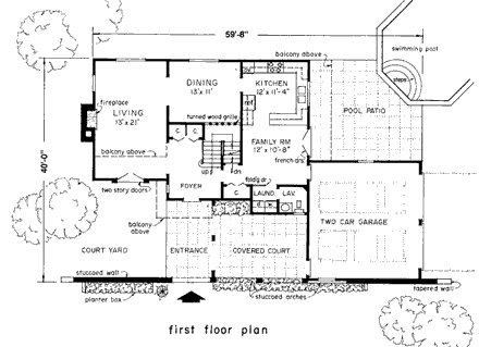 Mediterranean, Retro House Plan 43000 with 3 Beds, 3 Baths, 2 Car Garage First Level Plan