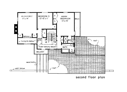 Mediterranean, Retro House Plan 43000 with 3 Beds, 3 Baths, 2 Car Garage Second Level Plan