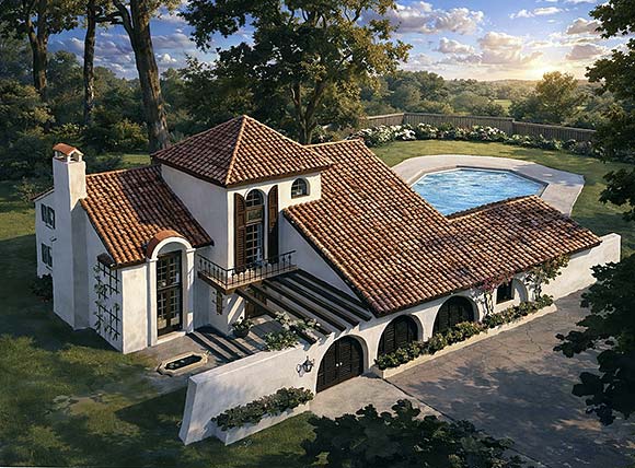 Mediterranean, Retro House Plan 43000 with 3 Beds, 3 Baths, 2 Car Garage Elevation