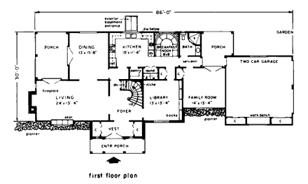 European, Retro, Tudor House Plan 43002 with 3 Beds, 3 Baths, 2 Car Garage First Level Plan
