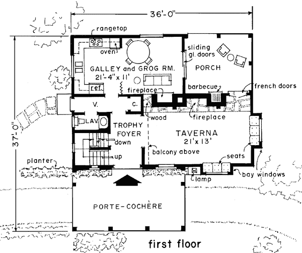 Tudor House Plan 43003 with 2 Beds, 2 Baths Level One