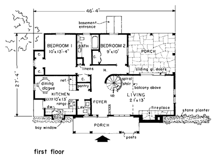 Cabin House Plan 43004 with 3 Beds, 2 Baths First Level Plan