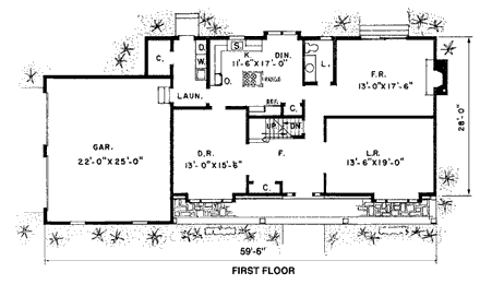 Country, Traditional House Plan 43029 with 4 Beds, 2 Baths, 2 Car Garage First Level Plan