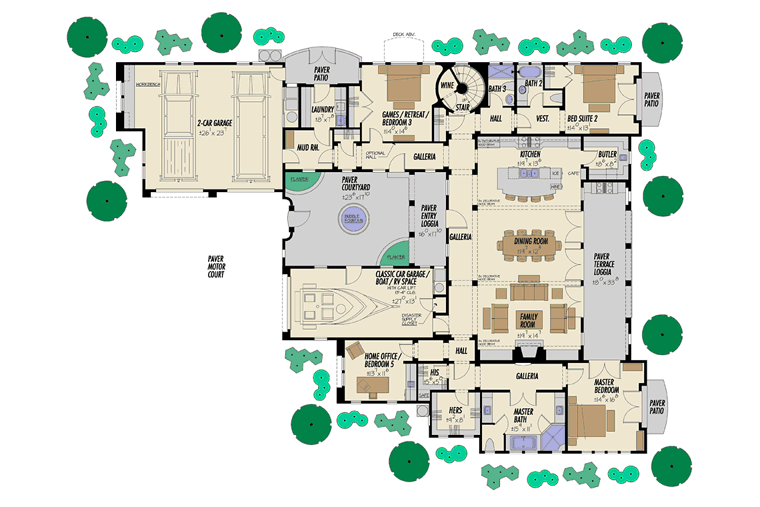 Mediterranean, Santa Fe, Southwest House Plan 43101 with 5 Beds, 5 Baths, 3 Car Garage First Level Plan