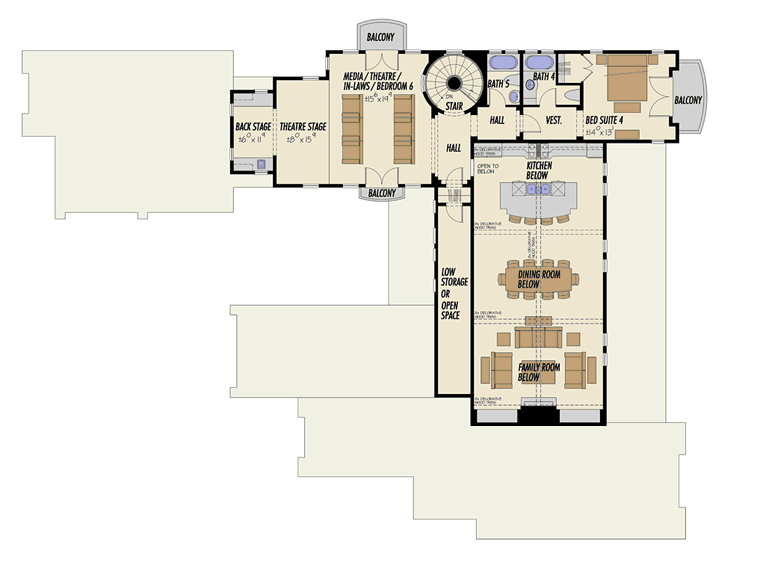 Mediterranean, Santa Fe, Southwest House Plan 43101 with 5 Beds, 5 Baths, 3 Car Garage Second Level Plan