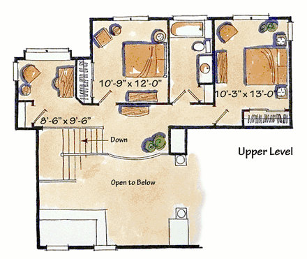 Craftsman, Ranch, Tudor House Plan 43200 with 3 Beds, 3 Baths, 2 Car Garage Second Level Plan