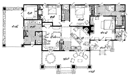 Cabin, Craftsman, Tudor House Plan 43202 with 3 Beds, 3 Baths, 1 Car Garage First Level Plan