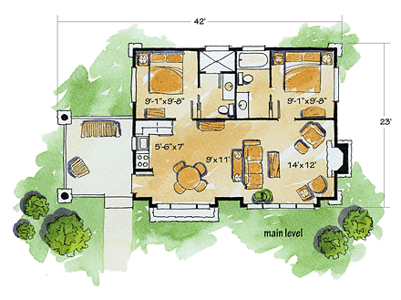 Cabin, Cottage, Craftsman House Plan 43204 with 2 Beds, 2 Baths First Level Plan