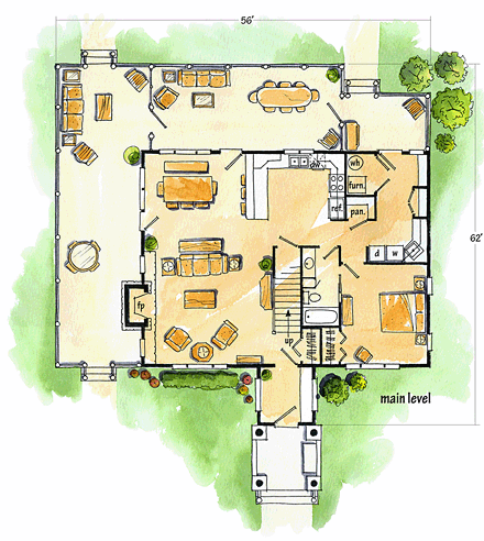 Cabin, Cape Cod, Country House Plan 43206 with 3 Beds, 3 Baths First Level Plan