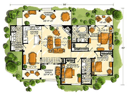 Craftsman, Ranch House Plan 43210 with 3 Beds, 2 Baths First Level Plan