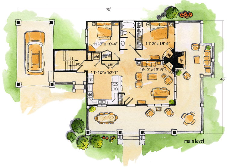 Cabin, Country, Log House Plan 43211 with 2 Beds, 1 Baths, 1 Car Garage Level One