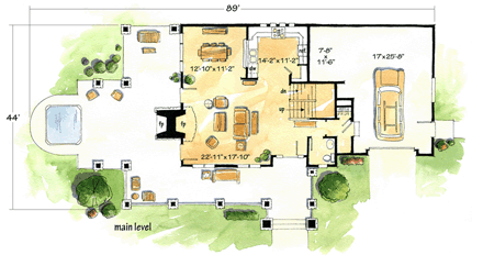 Country, Craftsman, Log House Plan 43213 with 2 Beds, 3 Baths, 2 Car Garage First Level Plan