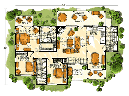 Cabin, Craftsman, Log House Plan 43214 with 3 Beds, 2 Baths First Level Plan