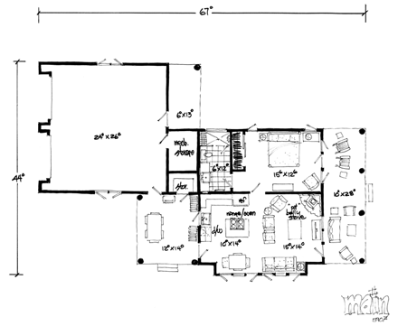 Country, Ranch House Plan 43215 with 1 Beds, 1 Baths, 2 Car Garage First Level Plan