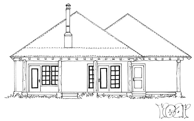 Country, Ranch House Plan 43215 with 1 Beds, 1 Baths, 2 Car Garage Rear Elevation