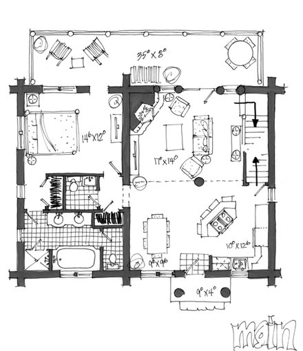 Cabin, Log House Plan 43217 with 3 Beds, 3 Baths, 2 Car Garage First Level Plan