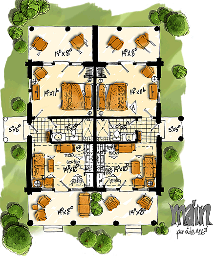 Cabin, Country, Log Multi-Family Plan 43231 with 4 Beds, 2 Baths First Level Plan