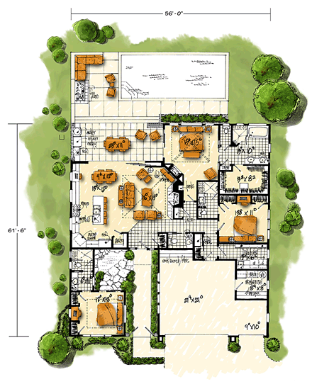 Contemporary, Modern House Plan 43233, 3 Car Garage First Level Plan