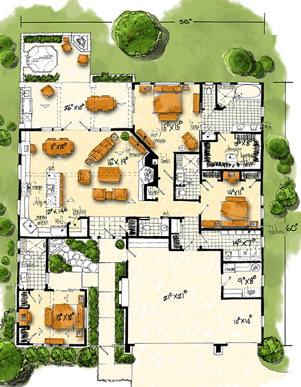 Traditional House Plan 43234 with 3 Beds, 4 Baths, 2 Car Garage First Level Plan