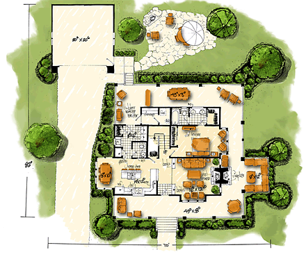 Country, Farmhouse, Southern House Plan 43237 with 4 Beds, 4 Baths, 2 Car Garage First Level Plan