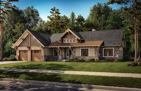 Bungalow, Cabin, Craftsman, Log House Plan 43256 with 3 Beds, 2 Baths, 2 Car Garage Elevation