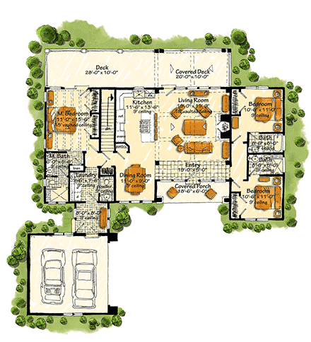 Bungalow, Country, Craftsman, Traditional House Plan 43257 with 3 Beds, 4 Baths, 2 Car Garage First Level Plan