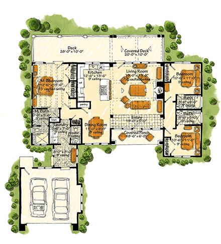 Bungalow, Country, Craftsman, Farmhouse House Plan 43260 with 3 Beds, 4 Baths, 2 Car Garage First Level Plan