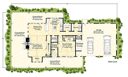 Barndominium, Craftsman, Farmhouse, Traditional House Plan 43266 with 3 Beds, 3 Baths, 2 Car Garage First Level Plan