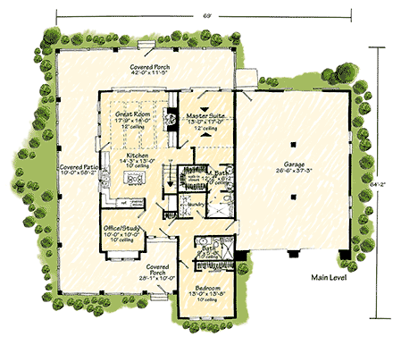 Barndominium, Farmhouse, Traditional House Plan 43268 with 4 Beds, 3 Baths, 2 Car Garage First Level Plan