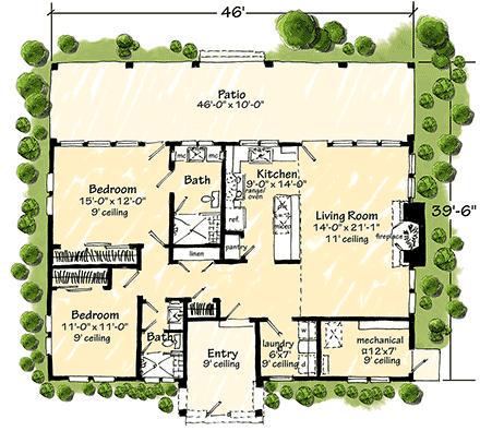 Cabin, Contemporary, Cottage, Country, Craftsman, Farmhouse, Traditional House Plan 43271 with 2 Beds, 2 Baths First Level Plan