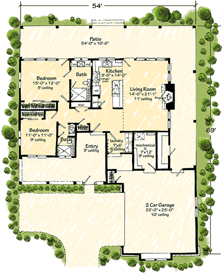 Contemporary, Country, Farmhouse House Plan 43272 with 2 Beds, 2 Baths, 2 Car Garage First Level Plan
