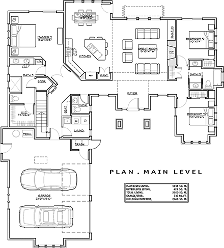 Cottage, Craftsman House Plan 43305 with 3 Beds, 4 Baths, 2 Car Garage First Level Plan