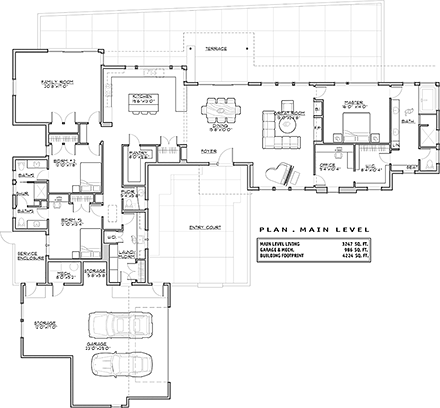 Contemporary, Modern House Plan 43314 with 3 Beds, 4 Baths, 2 Car Garage First Level Plan