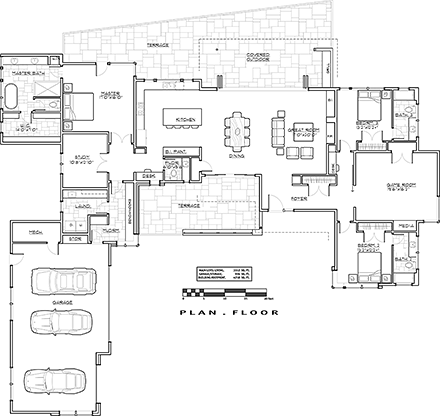Contemporary, Modern House Plan 43316 with 3 Beds, 4 Baths, 3 Car Garage First Level Plan